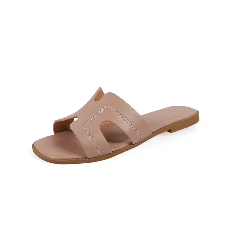 Spring and Summer Women's Shoes Casual Word Sandals and Slippers H Slippers Outside Wearing Women's Solid Color Slippers