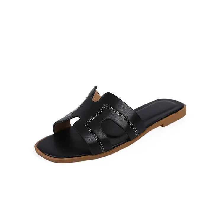 Spring and Summer Women's Shoes Casual Word Sandals and Slippers H Slippers Outside Wearing Women's Solid Color Slippers