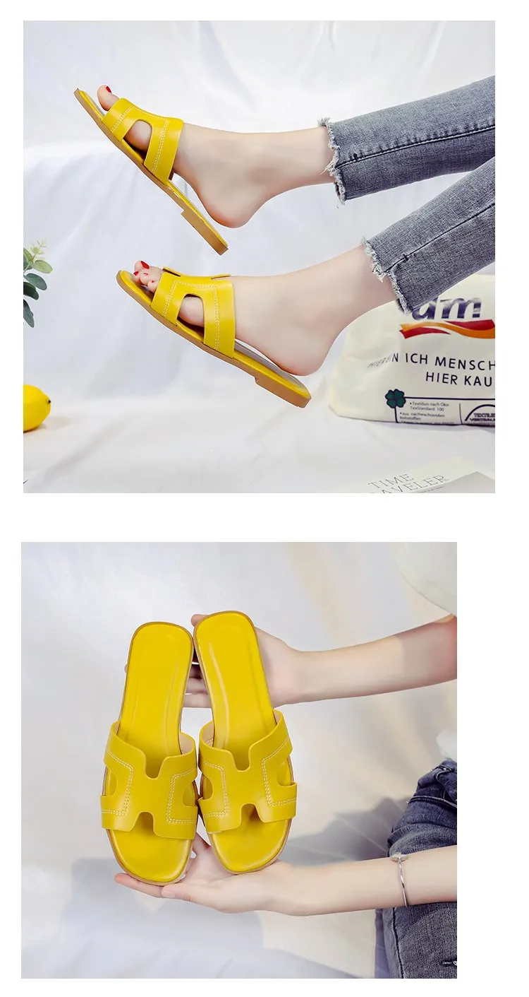 Spring and Summer Women's Shoes Casual Word Sandals and Slippers H Slippers Outside Wearing Women's Solid Color Slippers