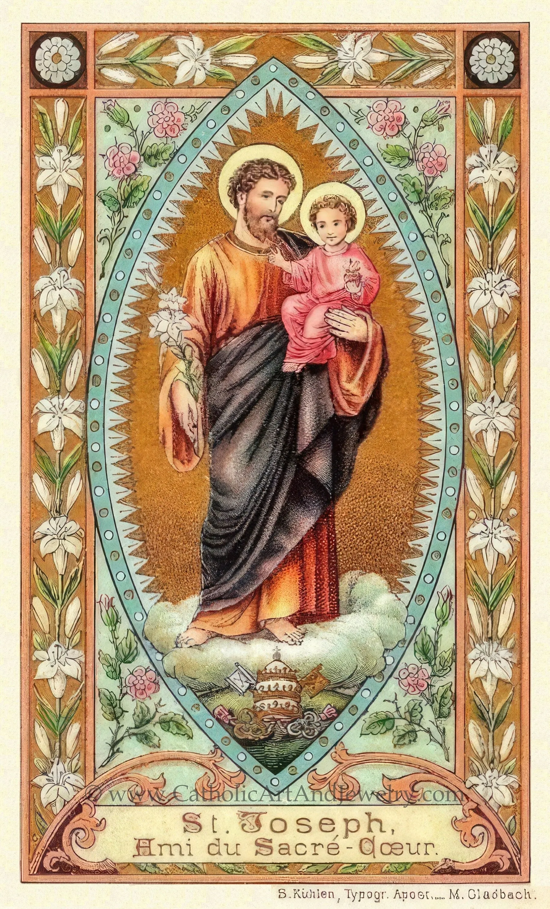 St. Joseph, Love of the Sacred Heart – based on a Vintage Holy Card – Catholic Art Print – Archival Quality