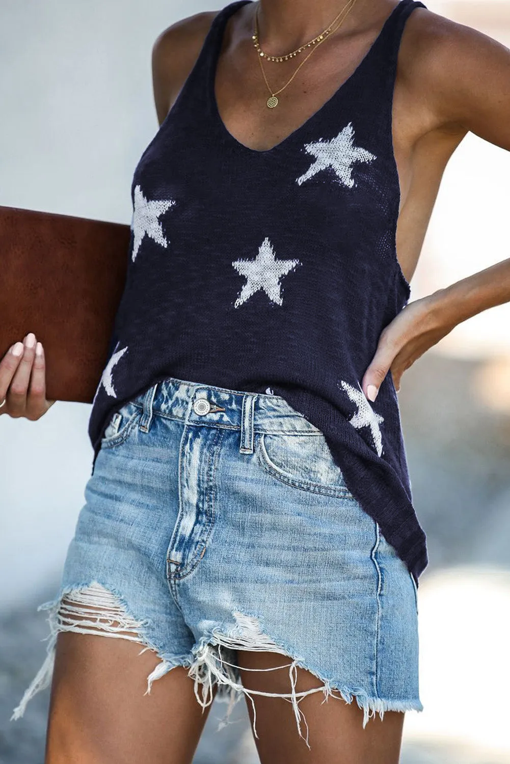 Star Print Racerback V Neck Tank Top