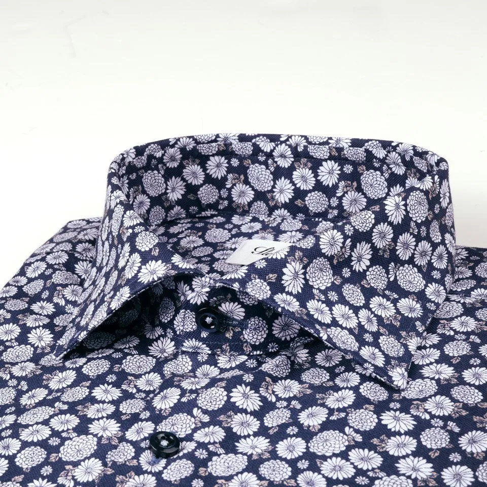 STENSTROMS- Navy and Silver Floral Printed Shirt- Fitted Body