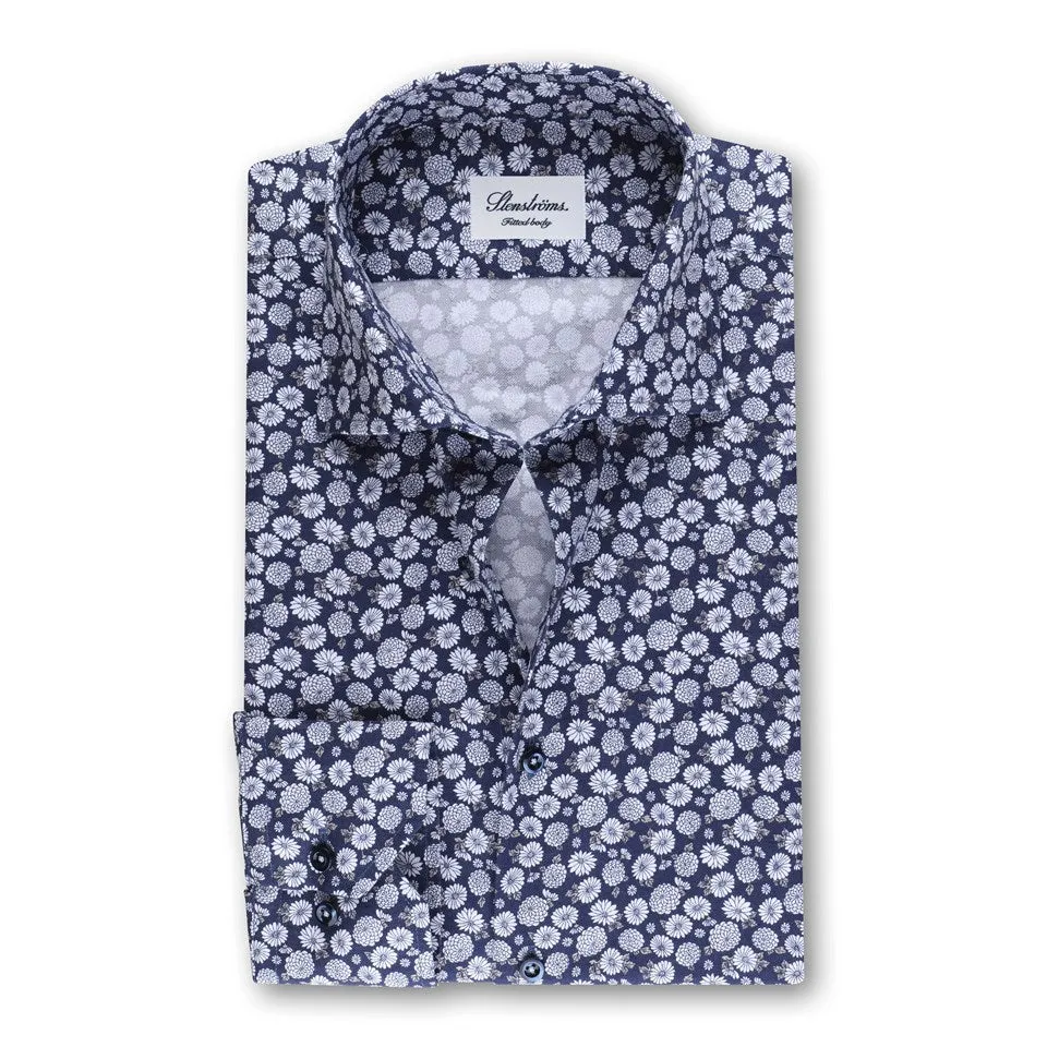 STENSTROMS- Navy and Silver Floral Printed Shirt- Fitted Body