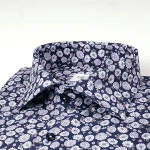 STENSTROMS- Navy and Silver Floral Printed Shirt- Fitted Body