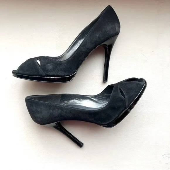 Stuart Weitzman Black Suede Peep Toe Stiletto Heels Women’s Size 10.5