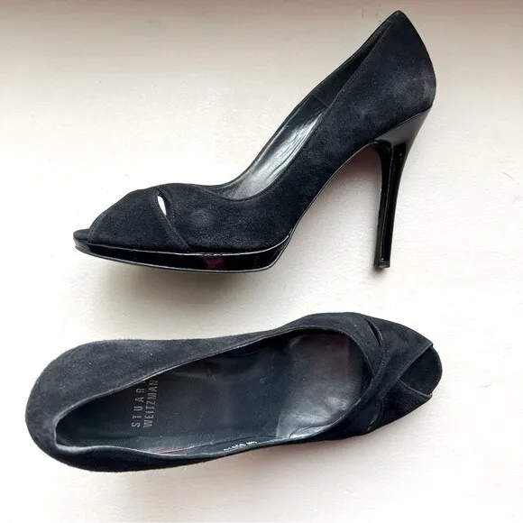 Stuart Weitzman Black Suede Peep Toe Stiletto Heels Women’s Size 10.5