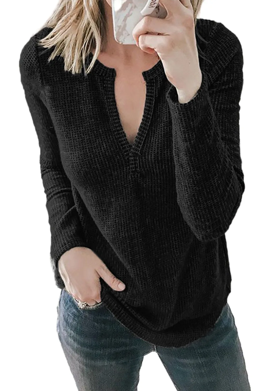 V Neck Cotton Blend Long Sleeve Top