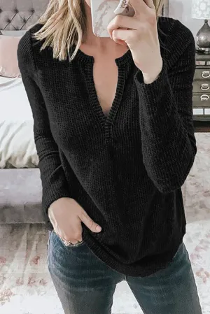 V Neck Cotton Blend Long Sleeve Top