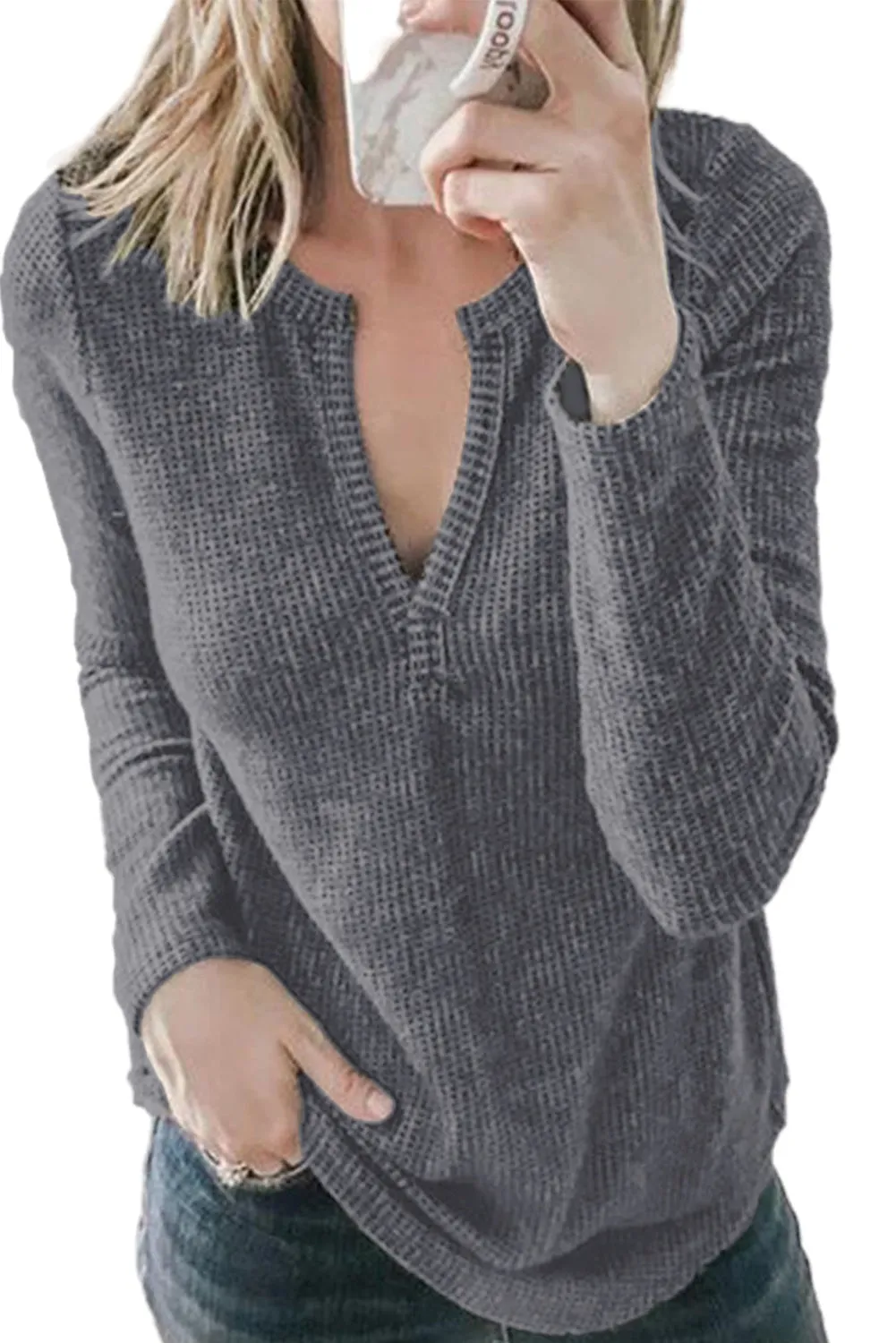 V Neck Cotton Blend Long Sleeve Top