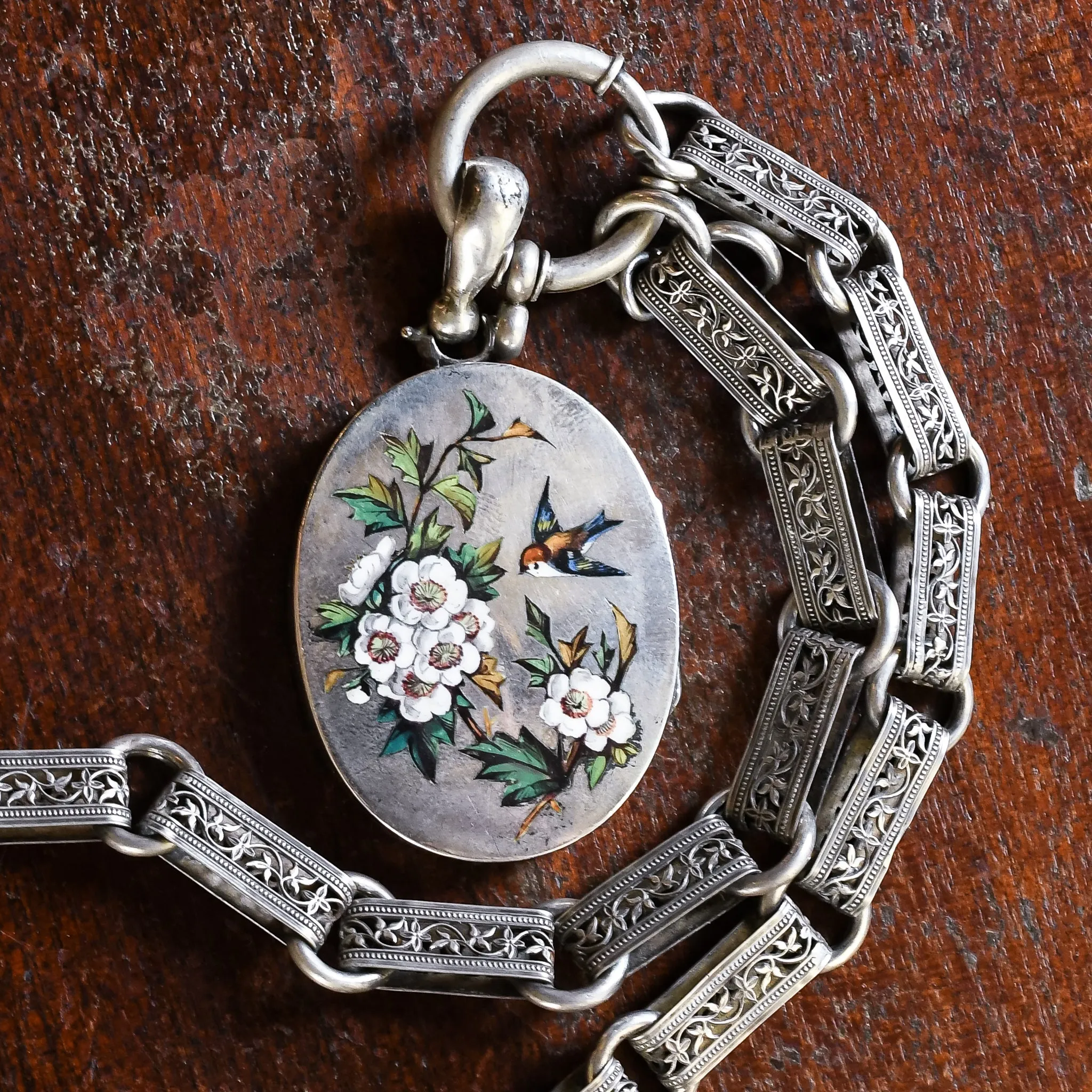 Victorian Hawthorn & Swallow Enamel Locket & Collar