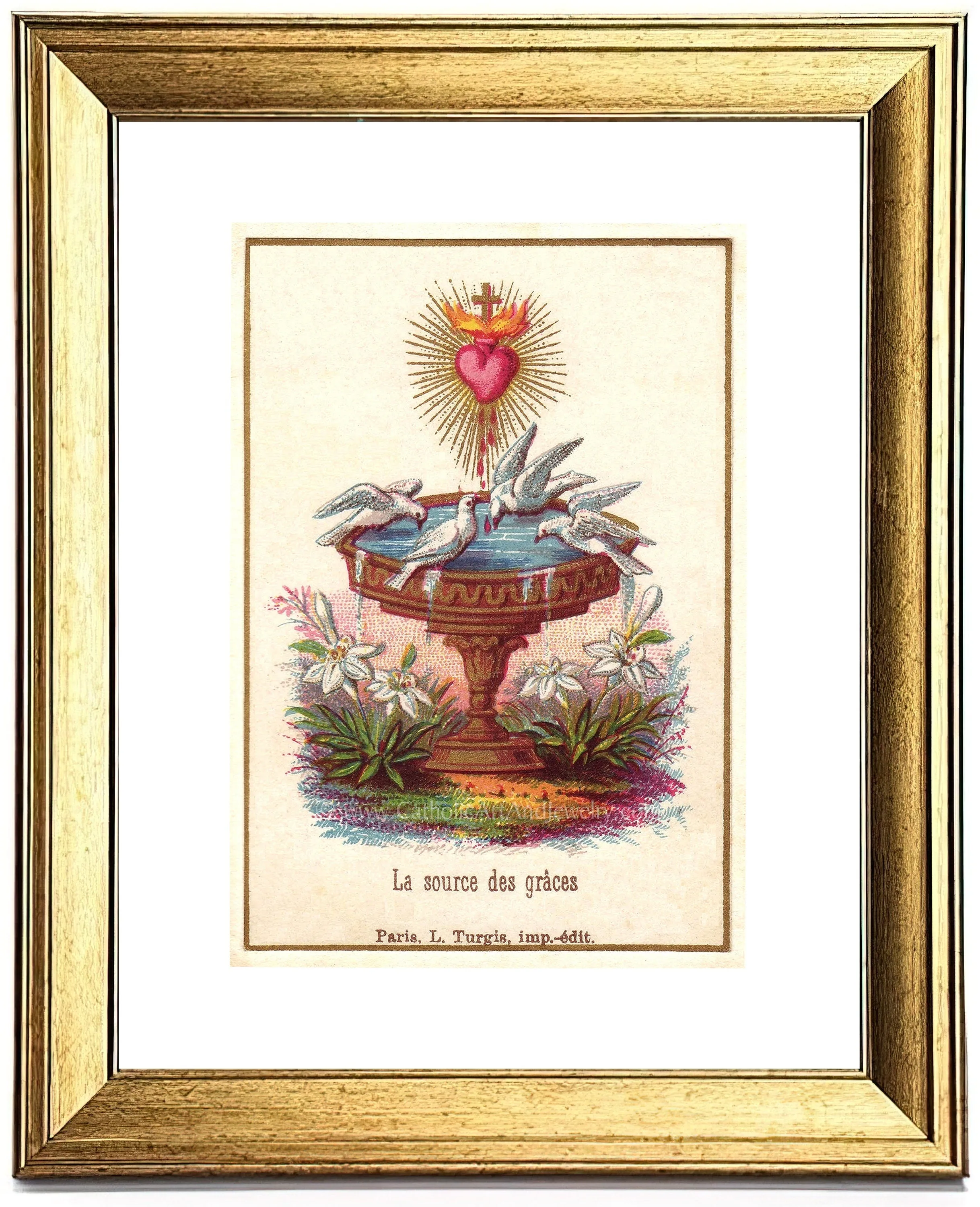 Vintage Sacred Heart of Jesus with Doves – The Source of Grace – Based on an Antique Holy Card – Catholic Art Print – Catholic Gift