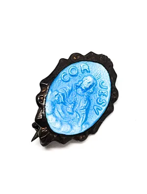 Virgo Carmeli CATHOLIC SCAPULAR  Jesus Cor Jesv blue guilloche vintage brooch pin
