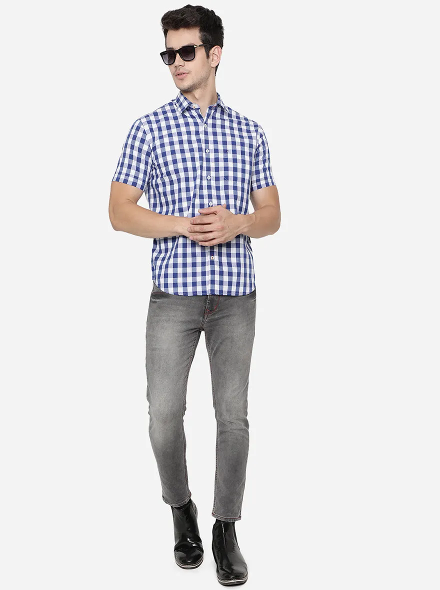 White & Blue Checked Classic Fit Casual Shirt | Greenfibre