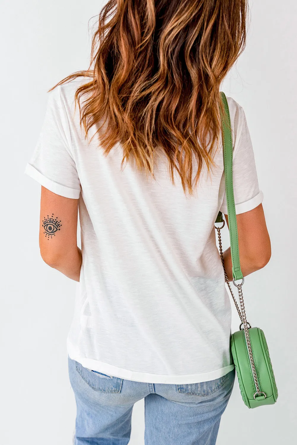 White Bow Tie Baseball Print Round Neck Casual Tee