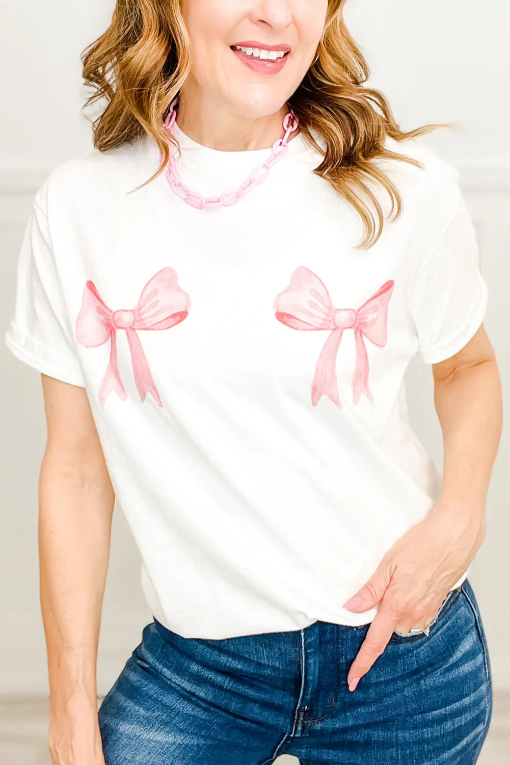 White Sweet Bow Knot Print O Neck Casual T Shirt