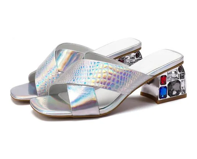 Women Sandals Bright Cow Leather Rhinestone Coarse High Heel Cross Square Open-toed Slingback Ladies Pumps