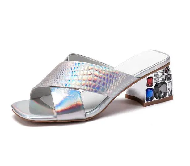 Women Sandals Bright Cow Leather Rhinestone Coarse High Heel Cross Square Open-toed Slingback Ladies Pumps