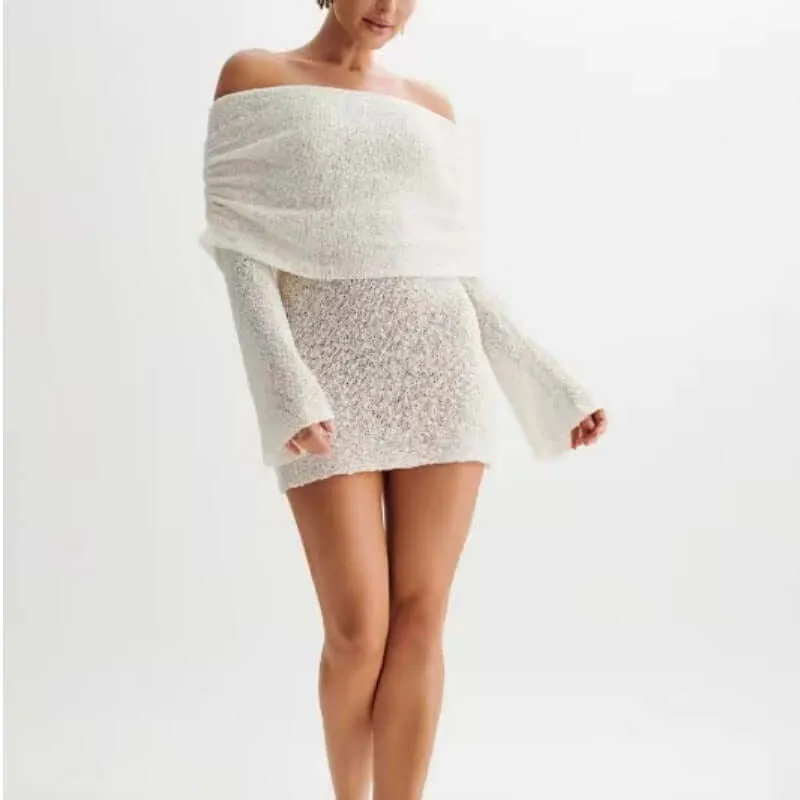 Women's Hollow-out Long-sleeved Off-shoulder Dress Short Skirt