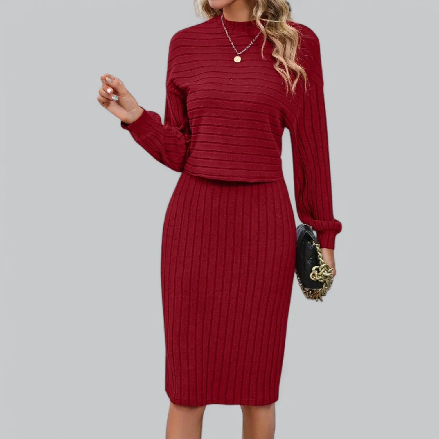 Women's Long Sleeve Ribbed Two Piece Dress Set | Comfortable Fit, Stylish Design, Perfect for Layering