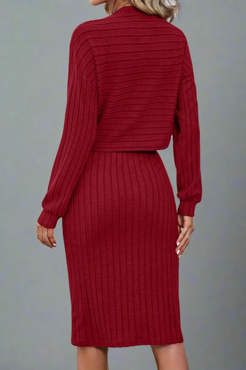 Women's Long Sleeve Ribbed Two Piece Dress Set | Comfortable Fit, Stylish Design, Perfect for Layering