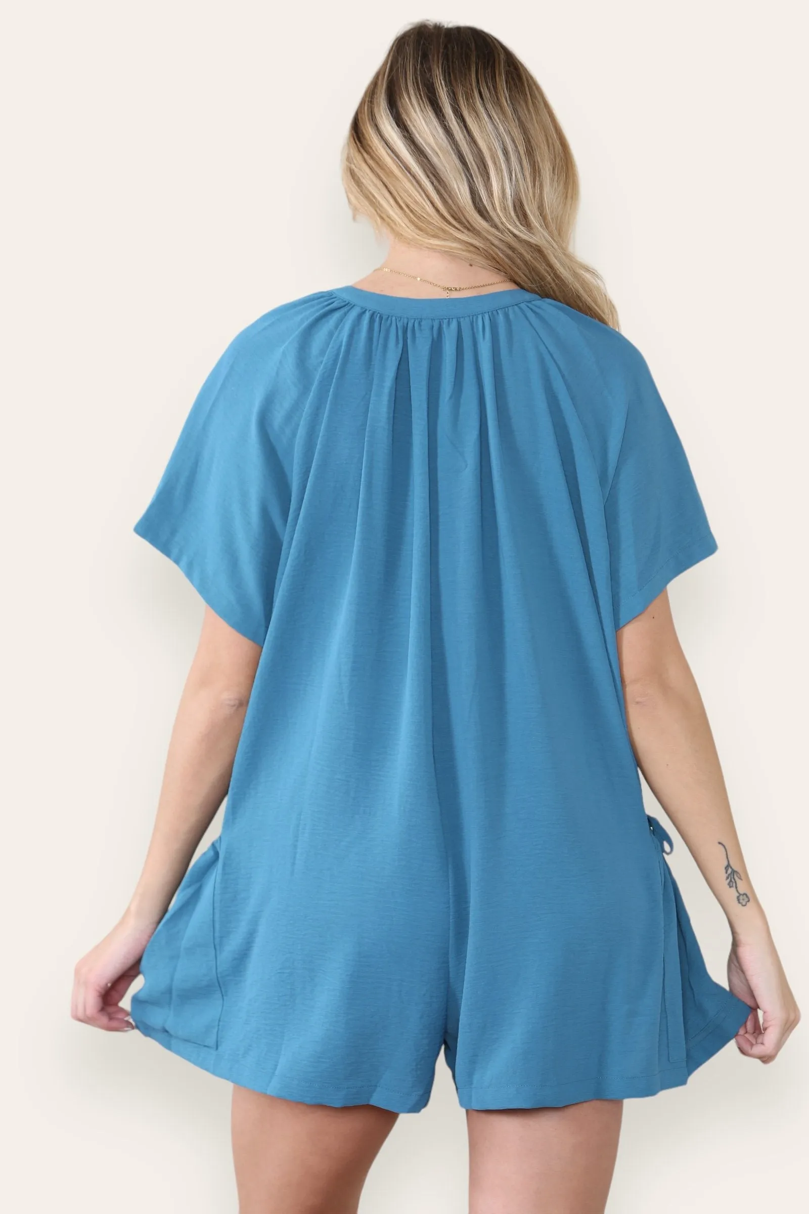 Women's Plain V Neck Partial Button Baggy Pocket Playsuit