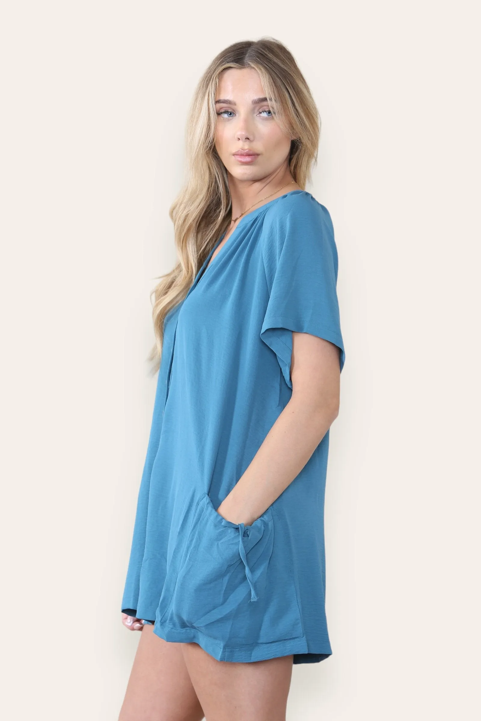 Women's Plain V Neck Partial Button Baggy Pocket Playsuit