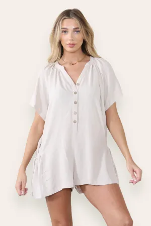 Women's Plain V Neck Partial Button Baggy Pocket Playsuit
