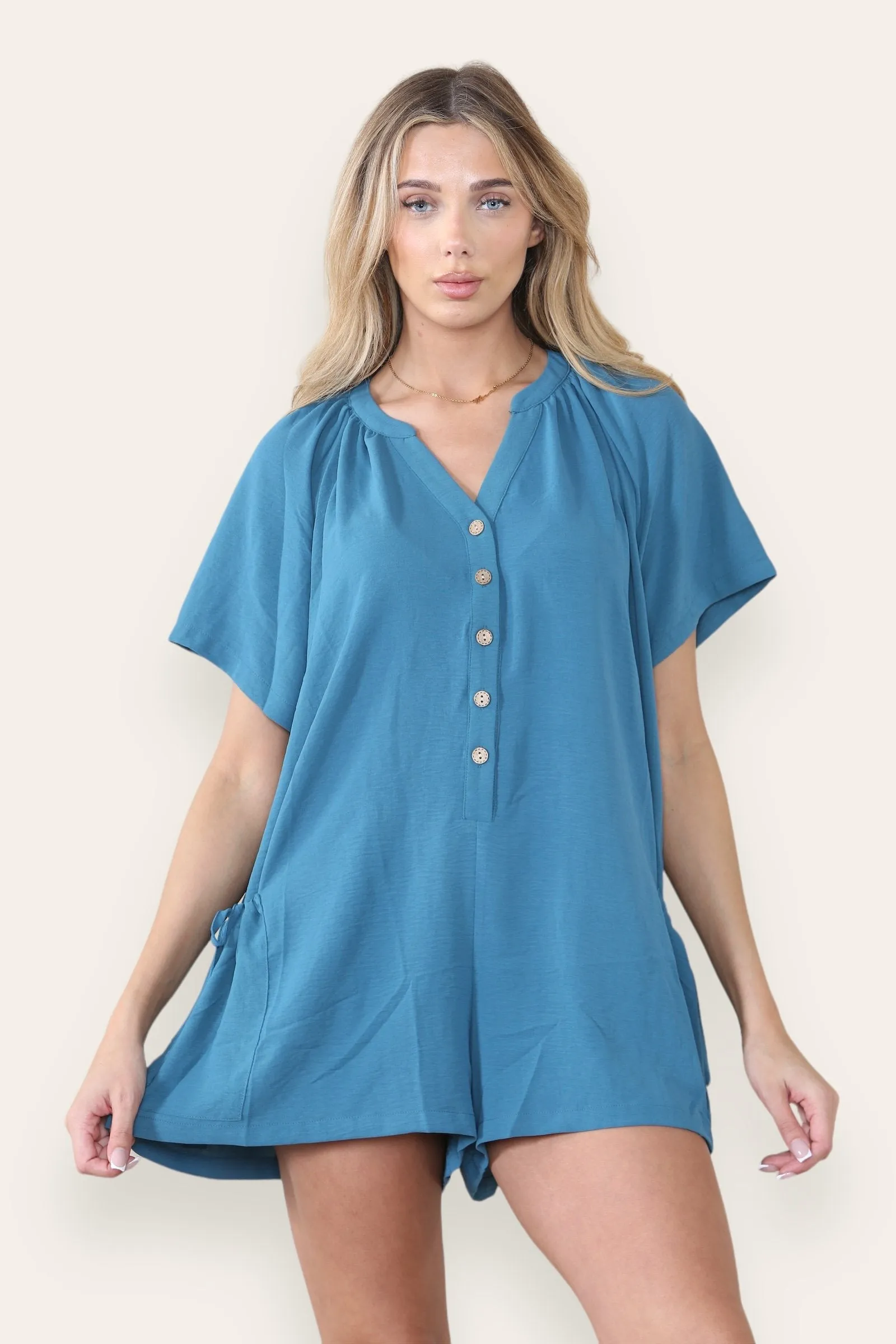 Women's Plain V Neck Partial Button Baggy Pocket Playsuit