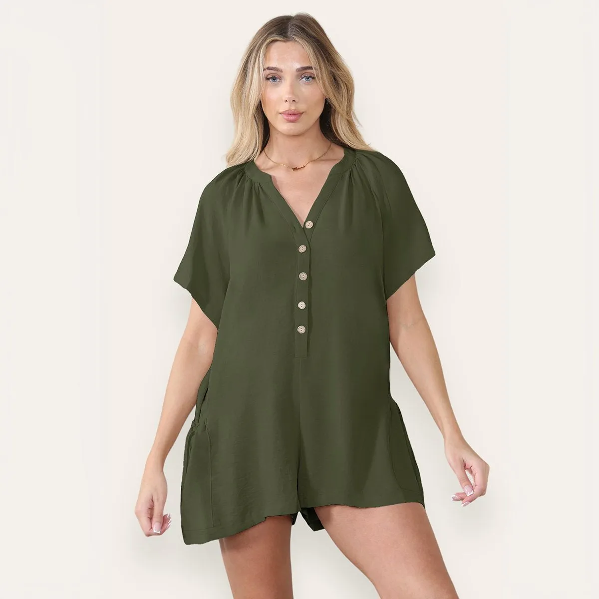 Women's Plain V Neck Partial Button Baggy Pocket Playsuit