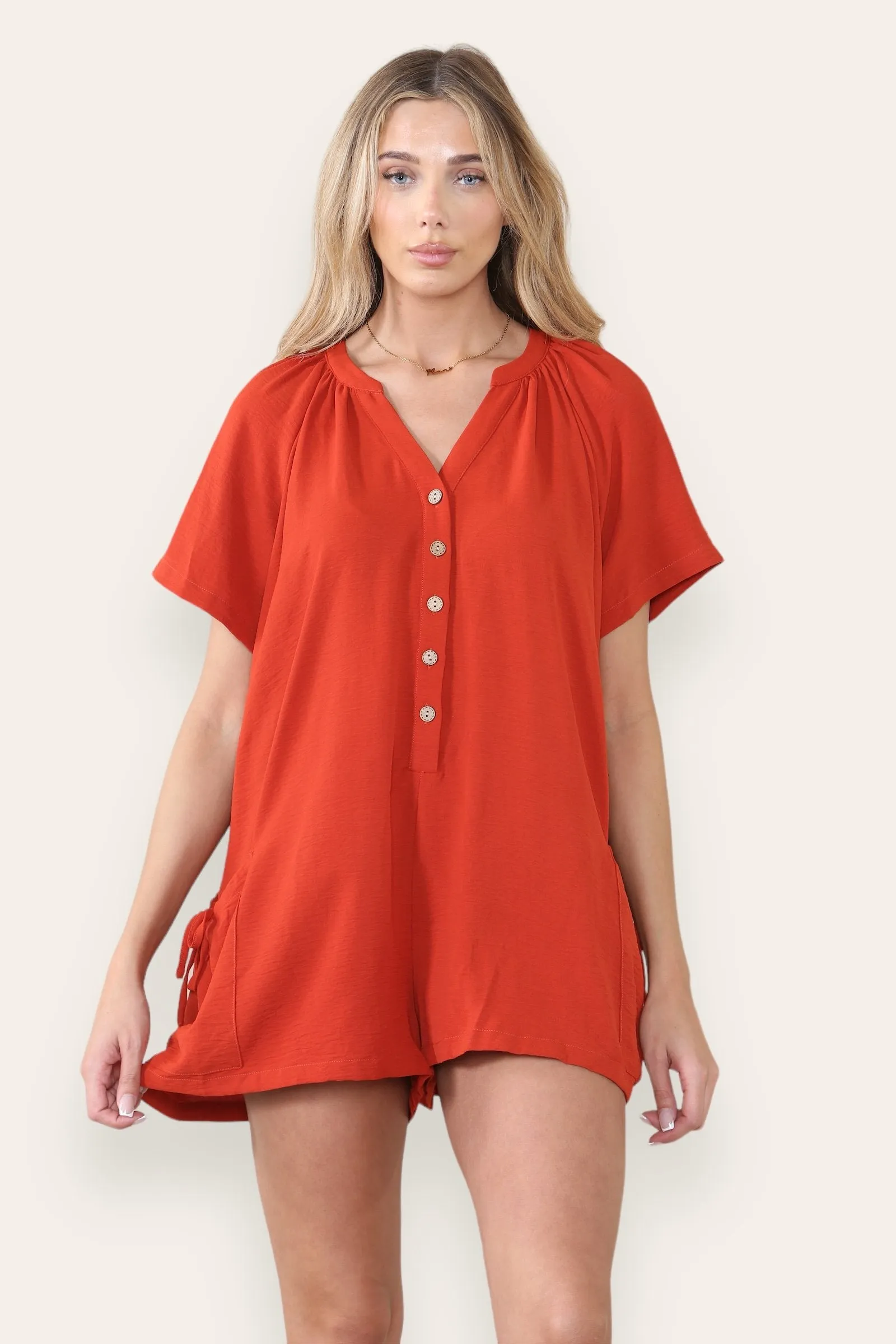 Women's Plain V Neck Partial Button Baggy Pocket Playsuit