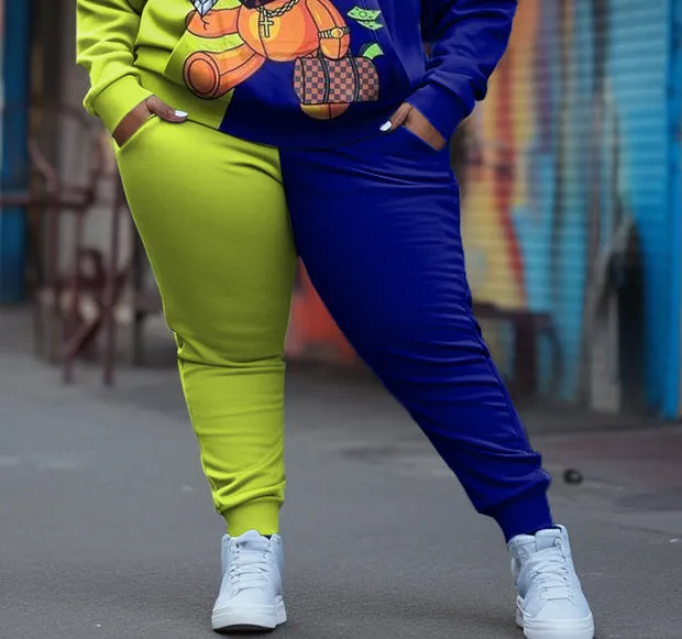 Women's Plus Size Casual Hip Hop Bear Diamond Long Sleeve Hoodie Set