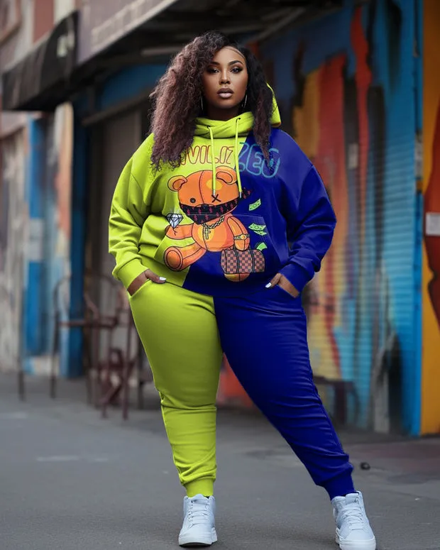 Women's Plus Size Casual Hip Hop Bear Diamond Long Sleeve Hoodie Set