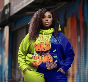 Women's Plus Size Casual Hip Hop Bear Diamond Long Sleeve Hoodie Set