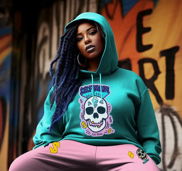 Women's Plus Size Casual Hip Hop Blue Pink Skull Hoodie Two-Piece Set