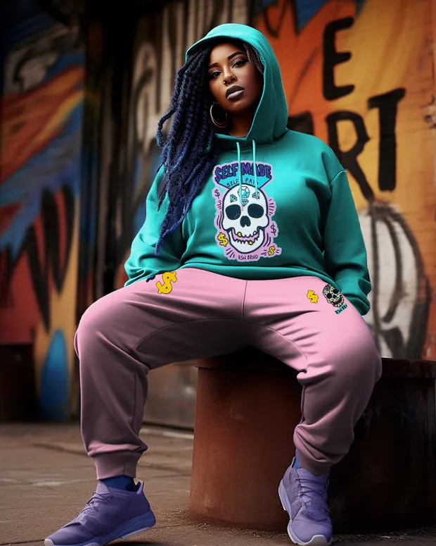 Women's Plus Size Casual Hip Hop Blue Pink Skull Hoodie Two-Piece Set