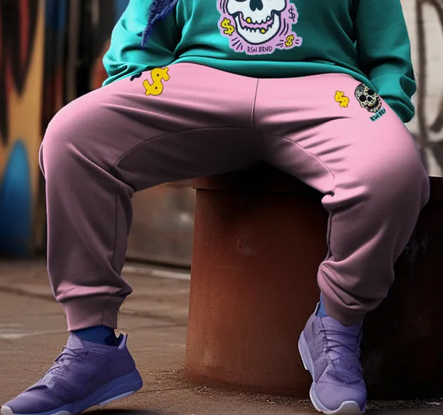 Women's Plus Size Casual Hip Hop Blue Pink Skull Hoodie Two-Piece Set
