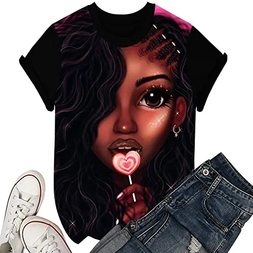 Women's T-Shirts Black History Month Afro Word Art Natural Hair 3D Floral Print Casual Tops for Women Tees XXL