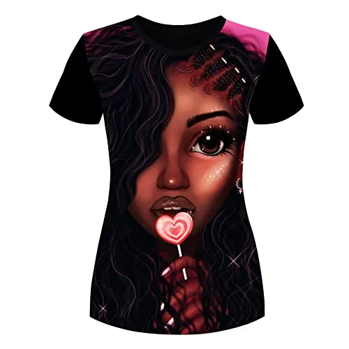 Women's T-Shirts Black History Month Afro Word Art Natural Hair 3D Floral Print Casual Tops for Women Tees XXL