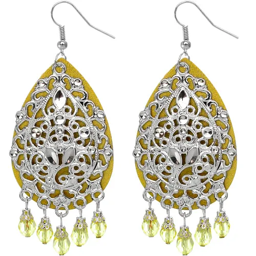 Yellow Beaded Filigree Dangle Earrings